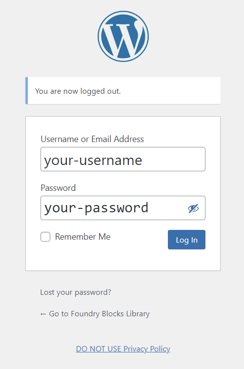 WordPress login to enter your username and password