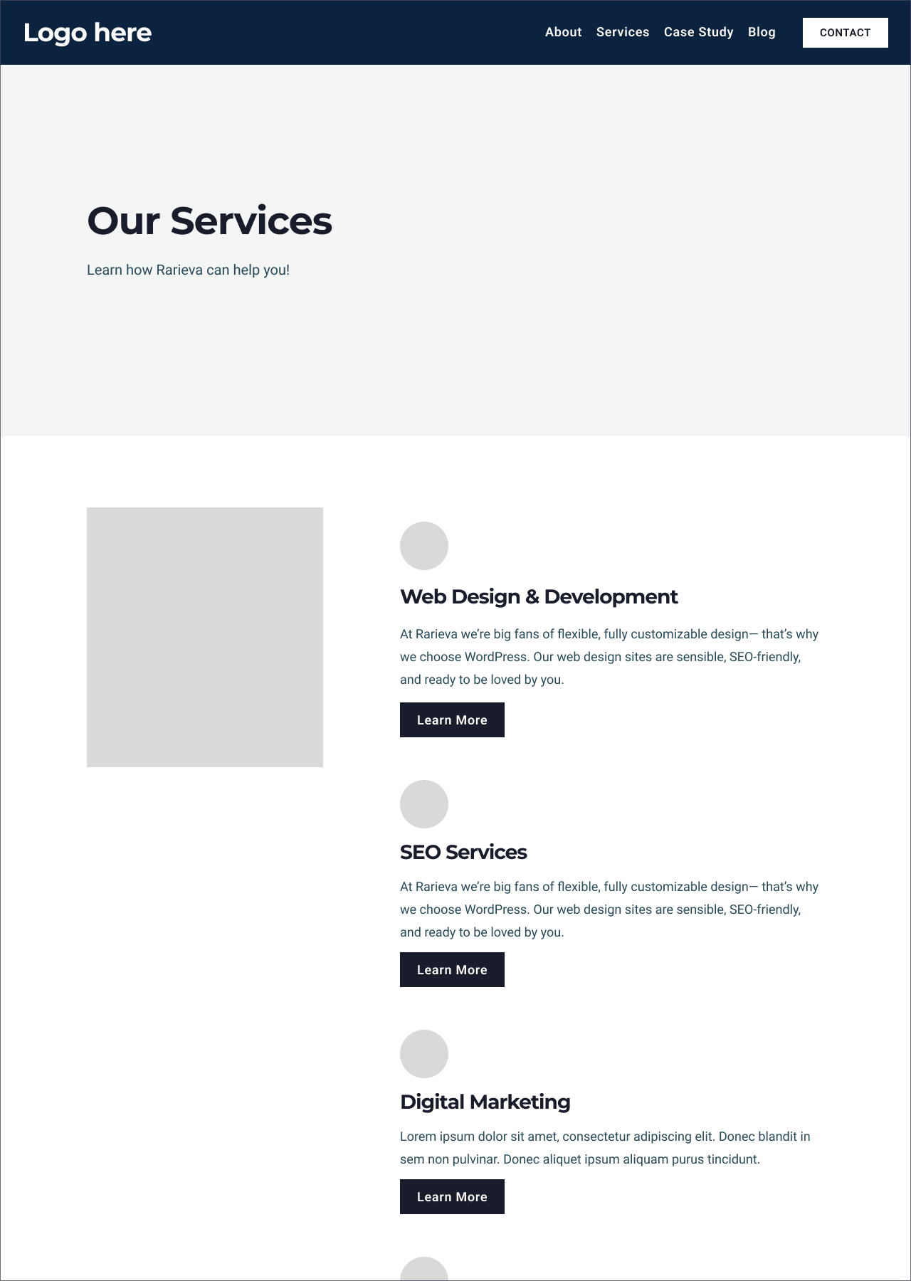 website's wireframe for a services page