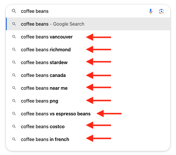 Google search bar showing related keywords